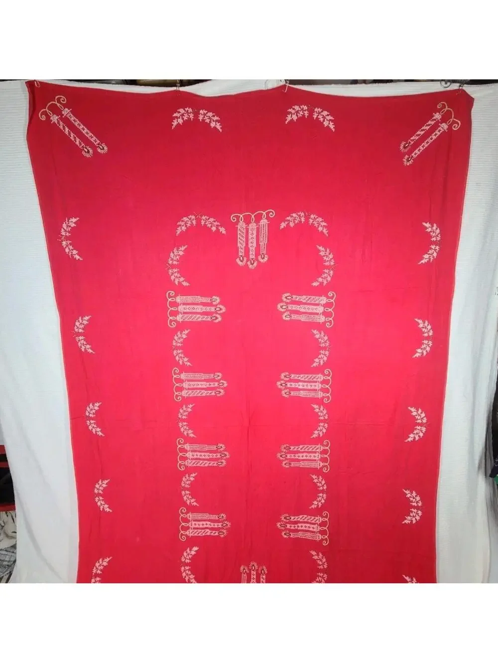 Vintage 50s Tablecloth Rhinestone Hand Embroidery Sparkle Candles Holiday 60x92